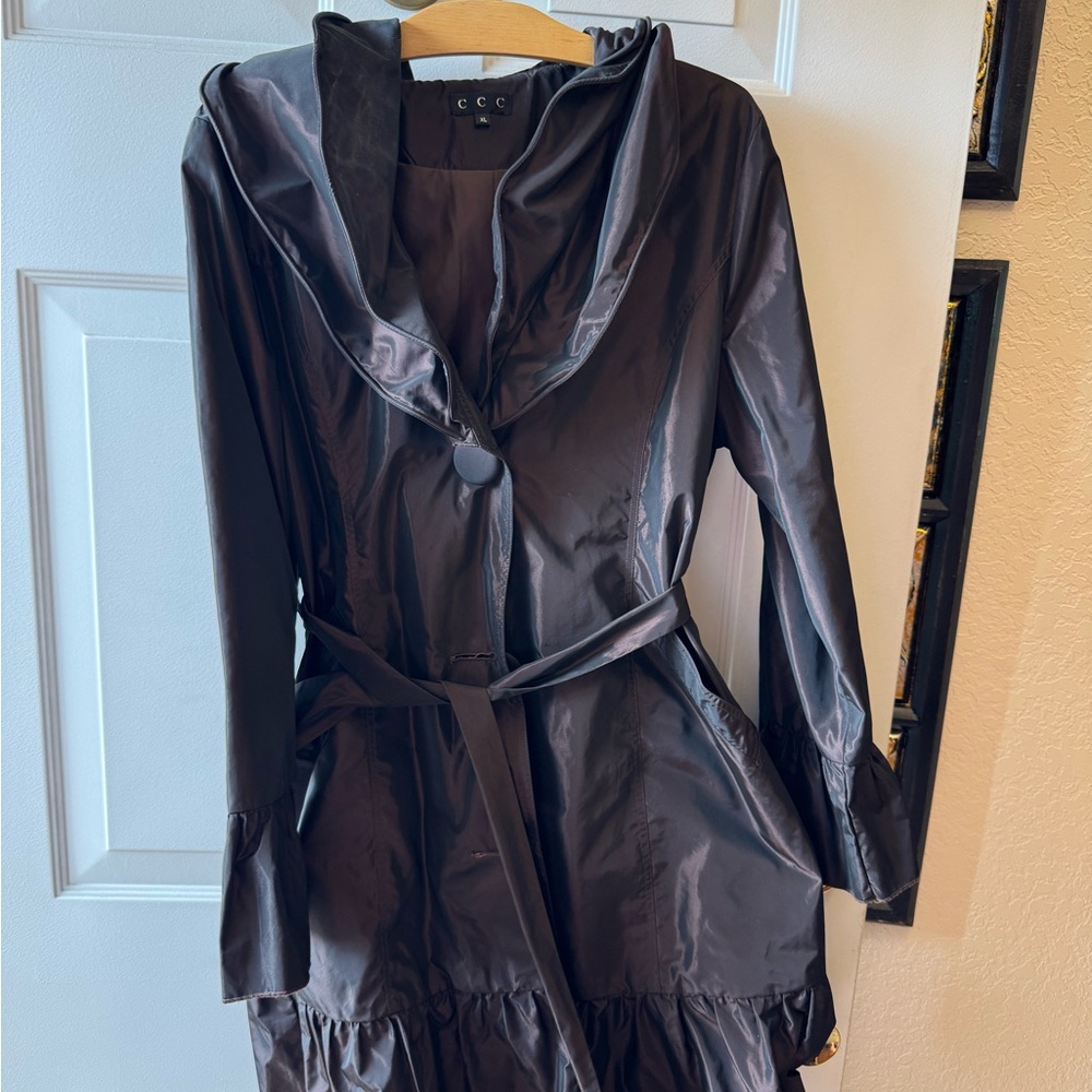 CCC Brown Satin Ruffle-Hem Trench Coat